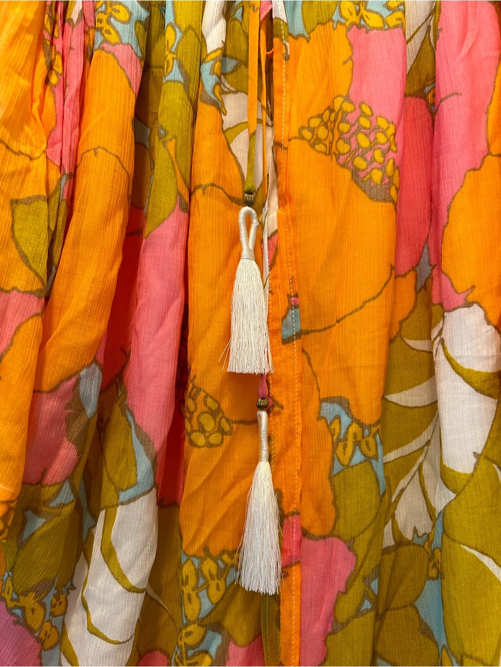 Trina Turk Floral Off Shoulder Silk Blend Boho Peasant Top Tassel Tie - Picture 4 of 8
